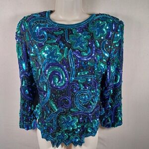 Laurence Kazar Vintage Silk Sequin Abstract Art to Wear Glam Scallop Party Top